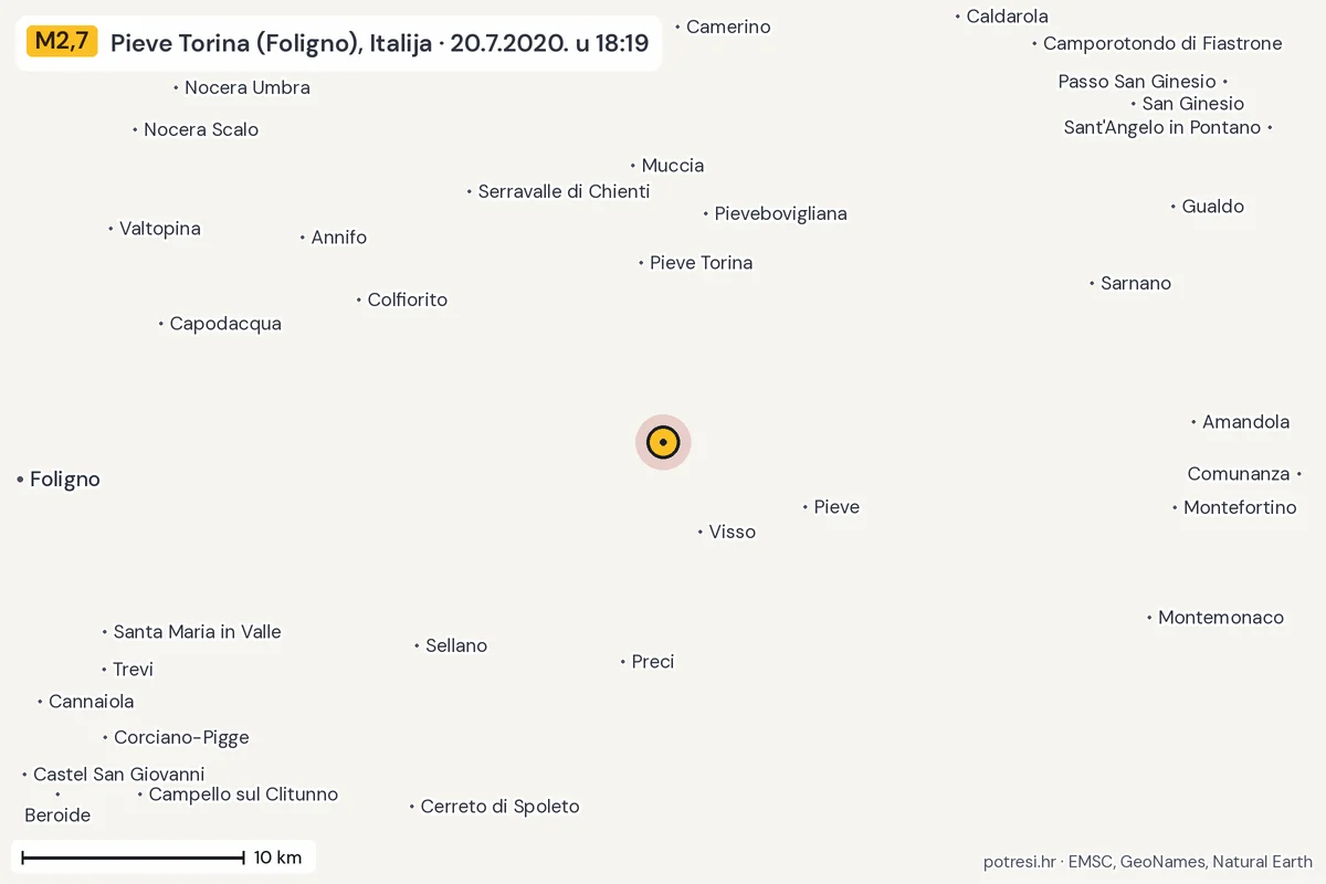 Karta: okolica epicentra, 60 km, potres M2,7, Pieve Torina (Foligno), Italija, 20.7.2020.