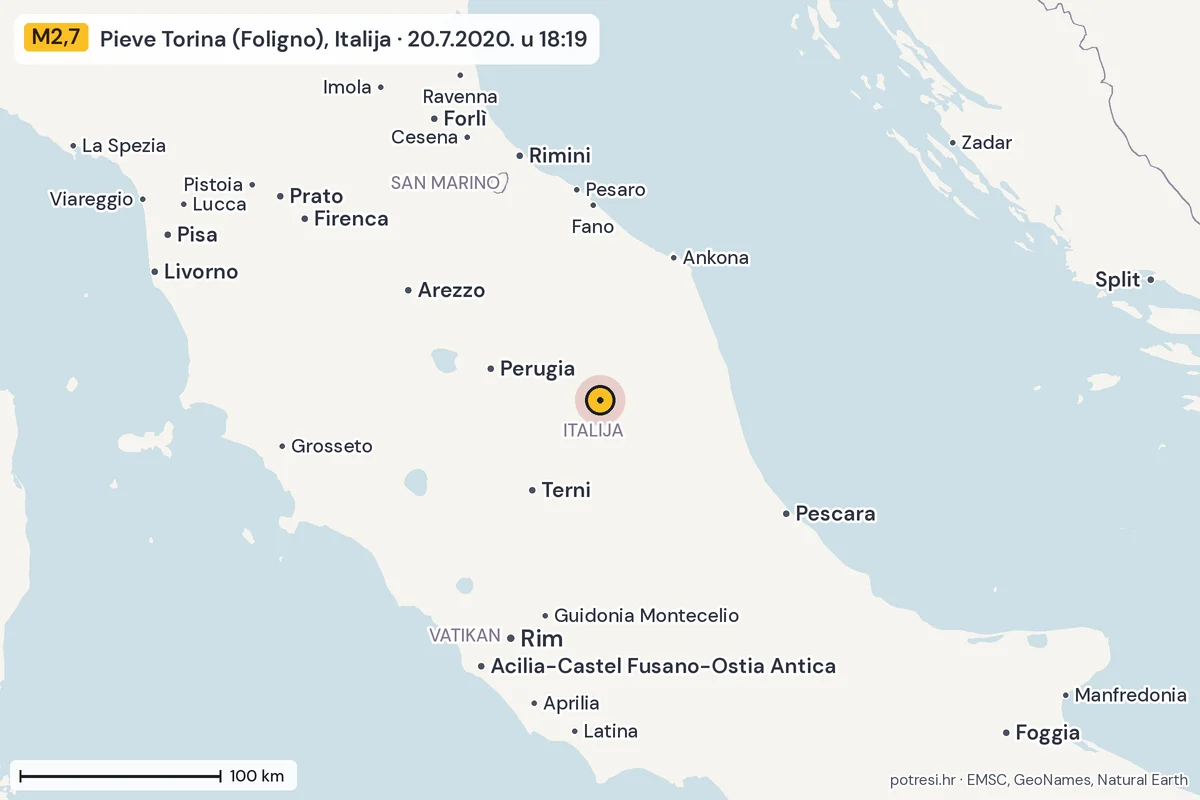 Karta: šire područje, 600 km, potres M2,7, Pieve Torina (Foligno), Italija, 20.7.2020.