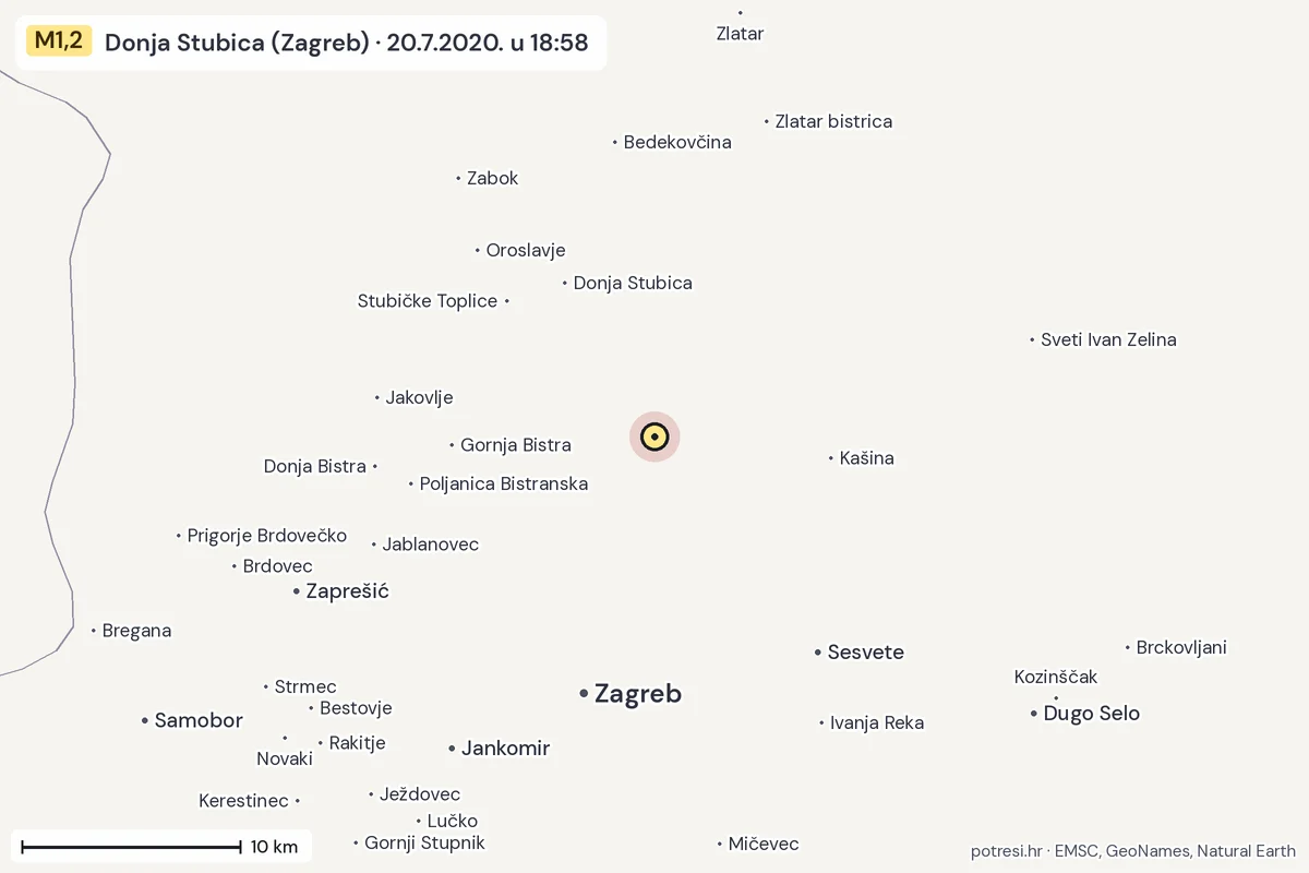 Karta: okolica epicentra, 60 km, potres M1,2, Donja Stubica (Zagreb), 20.7.2020.