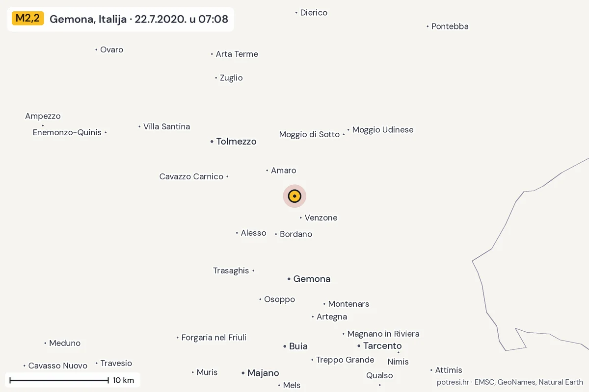 Karta: okolica epicentra, 60 km, potres M2,2, Gemona, Italija, 22.7.2020.