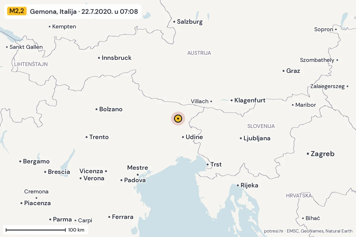 Karta: šire područje, 600 km, potres M2,2, Gemona, Italija, 22.7.2020.