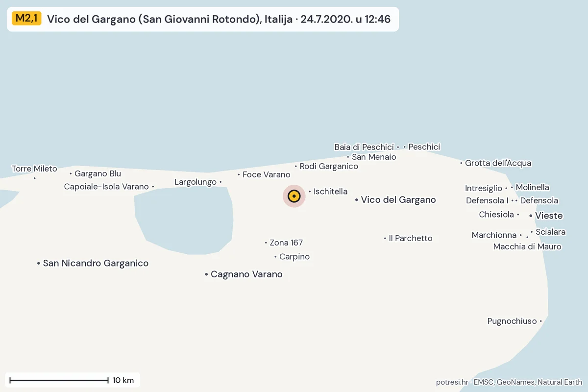 Karta: okolica epicentra, 60 km, potres M2,1, Vico del Gargano (San Giovanni Rotondo), Italija, 24.7.2020.