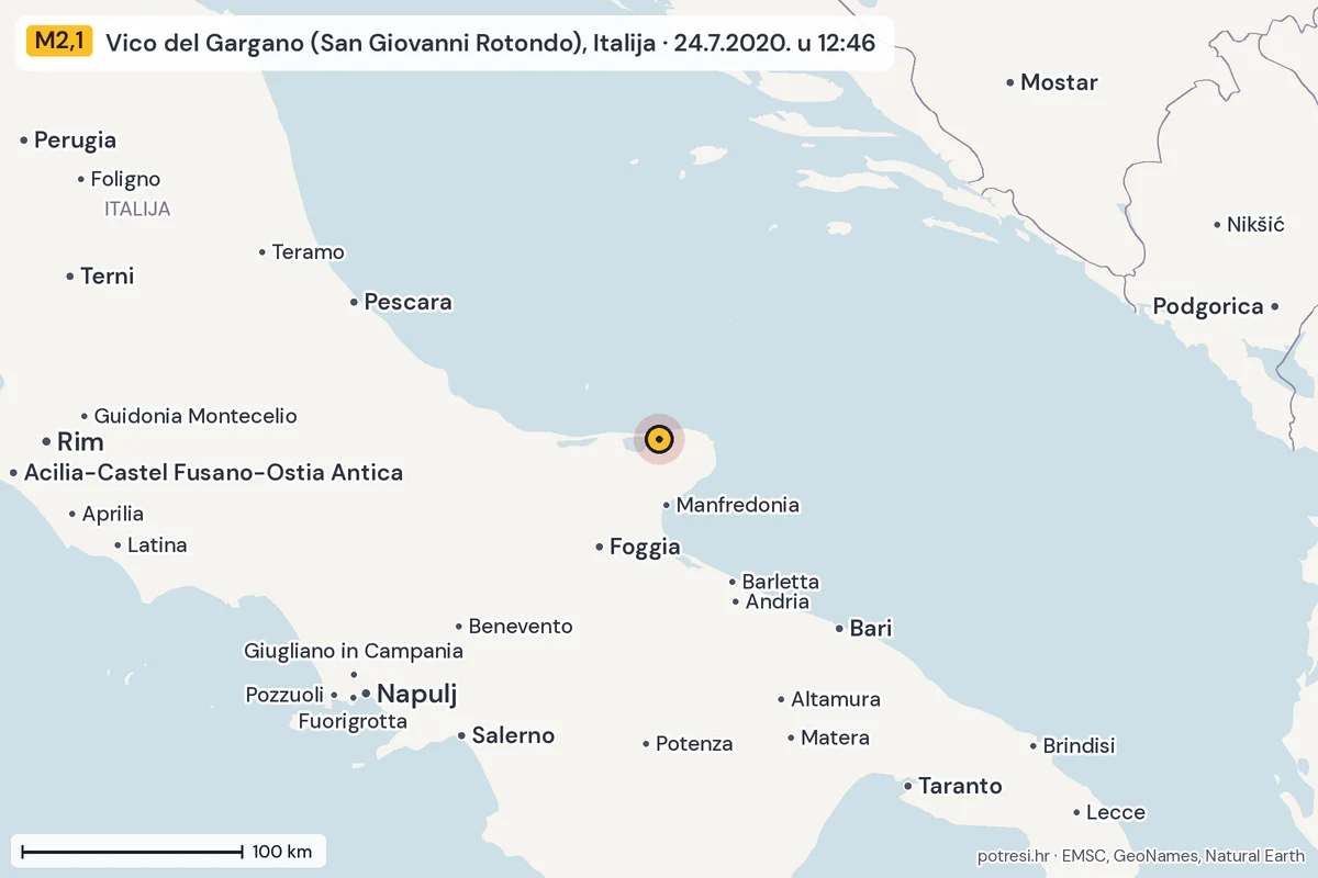 Karta: šire područje, 600 km, potres M2,1, Vico del Gargano (San Giovanni Rotondo), Italija, 24.7.2020.