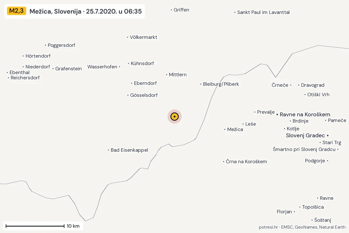 Karta: okolica epicentra, 60 km, potres M2,3, Mežica, Slovenija, 25.7.2020.