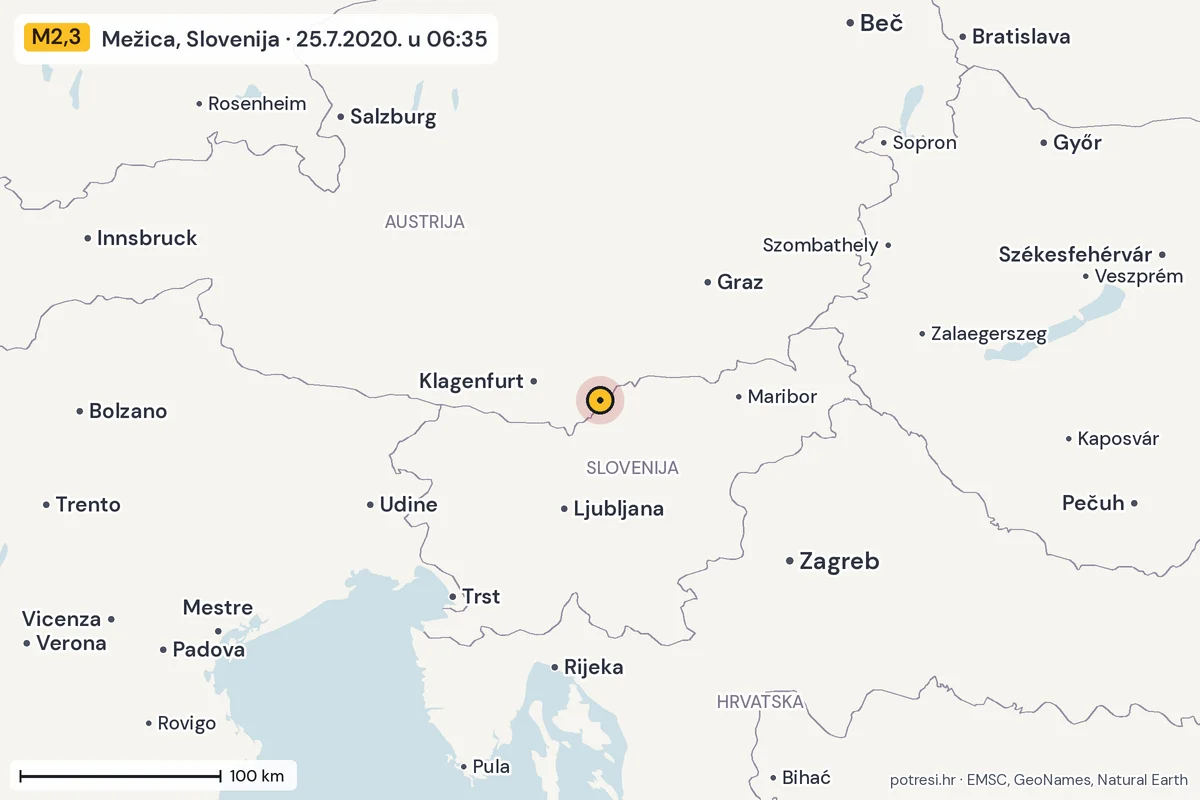 Karta: šire područje, 600 km, potres M2,3, Mežica, Slovenija, 25.7.2020.
