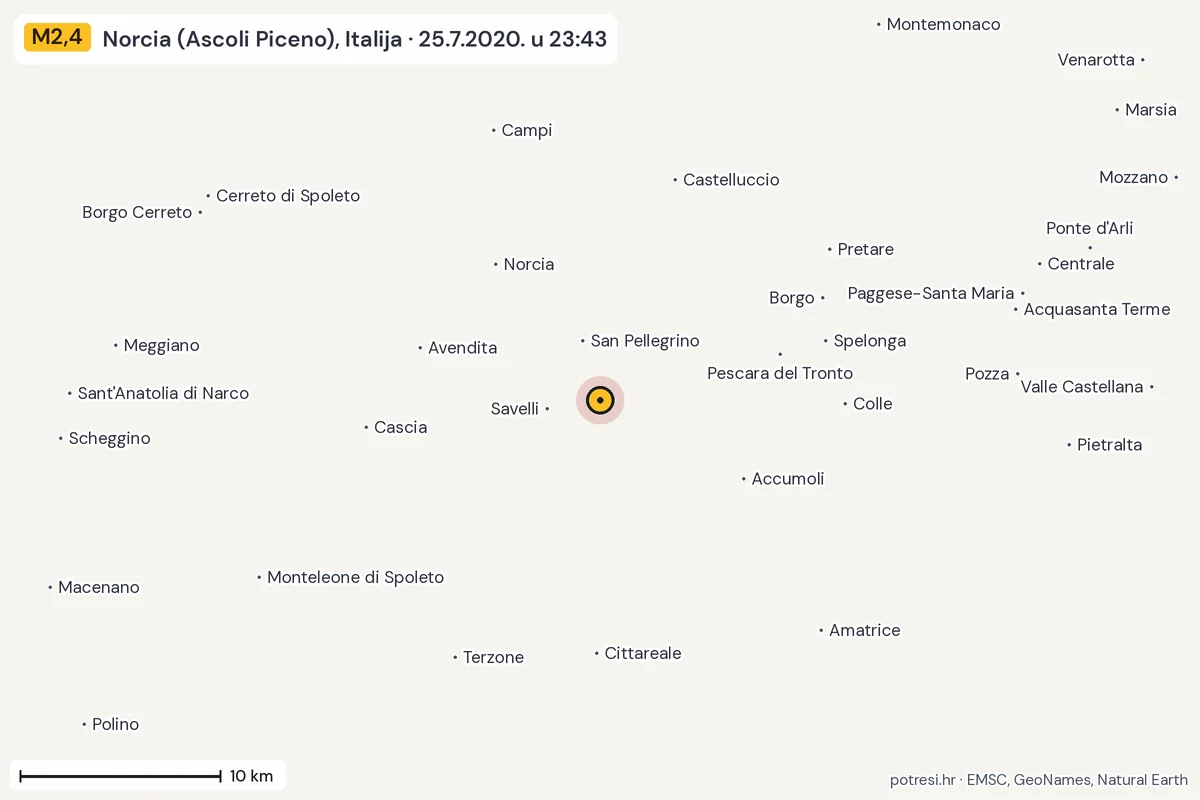 Karta: okolica epicentra, 60 km, potres M2,4, Norcia (Ascoli Piceno), Italija, 25.7.2020.