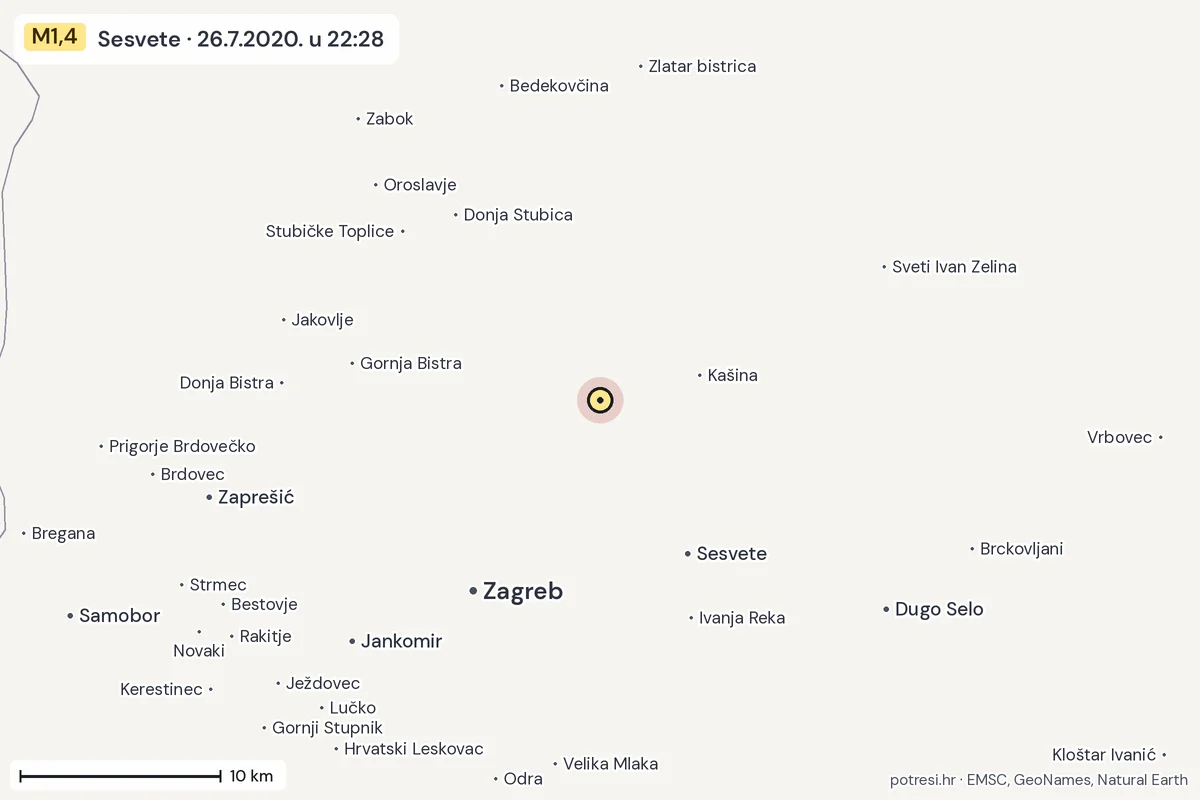 Karta: okolica epicentra, 60 km, potres M1,4, Sesvete, 26.7.2020.
