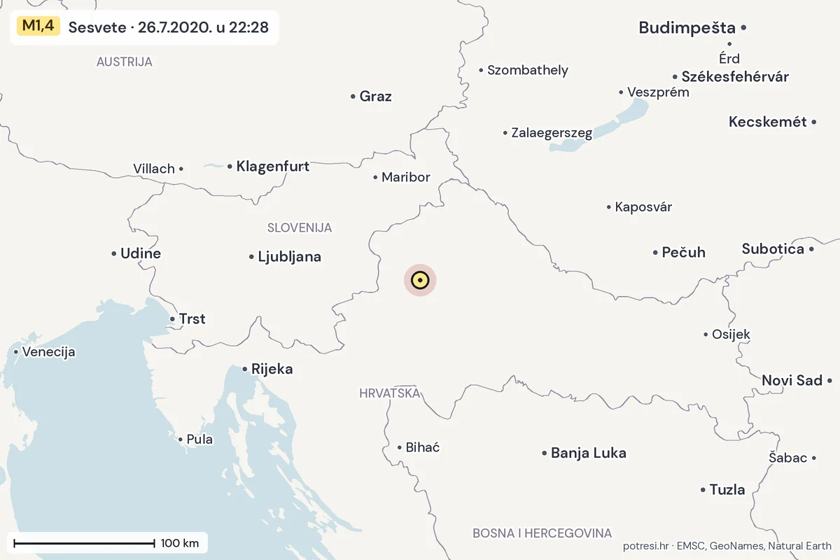 Karta: šire područje, 600 km, potres M1,4, Sesvete, 26.7.2020.