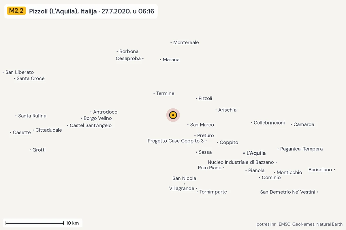 Karta: okolica epicentra, 60 km, potres M2,2, Pizzoli (L'Aquila), Italija, 27.7.2020.
