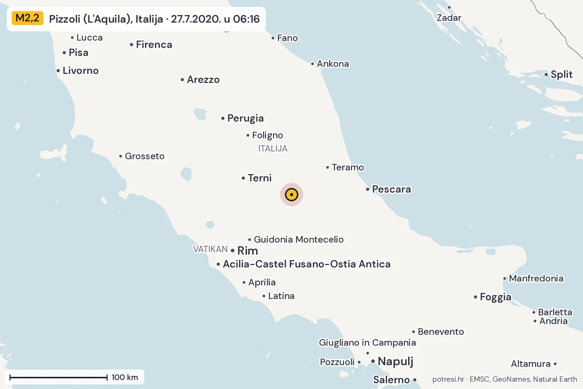 Karta: šire područje, 600 km, potres M2,2, Pizzoli (L'Aquila), Italija, 27.7.2020.