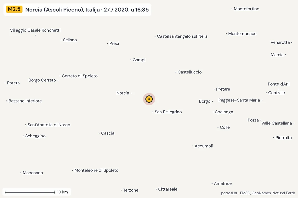 Karta: okolica epicentra, 60 km, potres M2,5, Norcia (Ascoli Piceno), Italija, 27.7.2020.