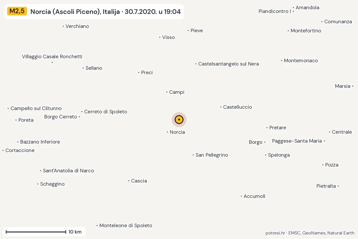 Karta: okolica epicentra, 60 km, potres M2,5, Norcia (Ascoli Piceno), Italija, 30.7.2020.
