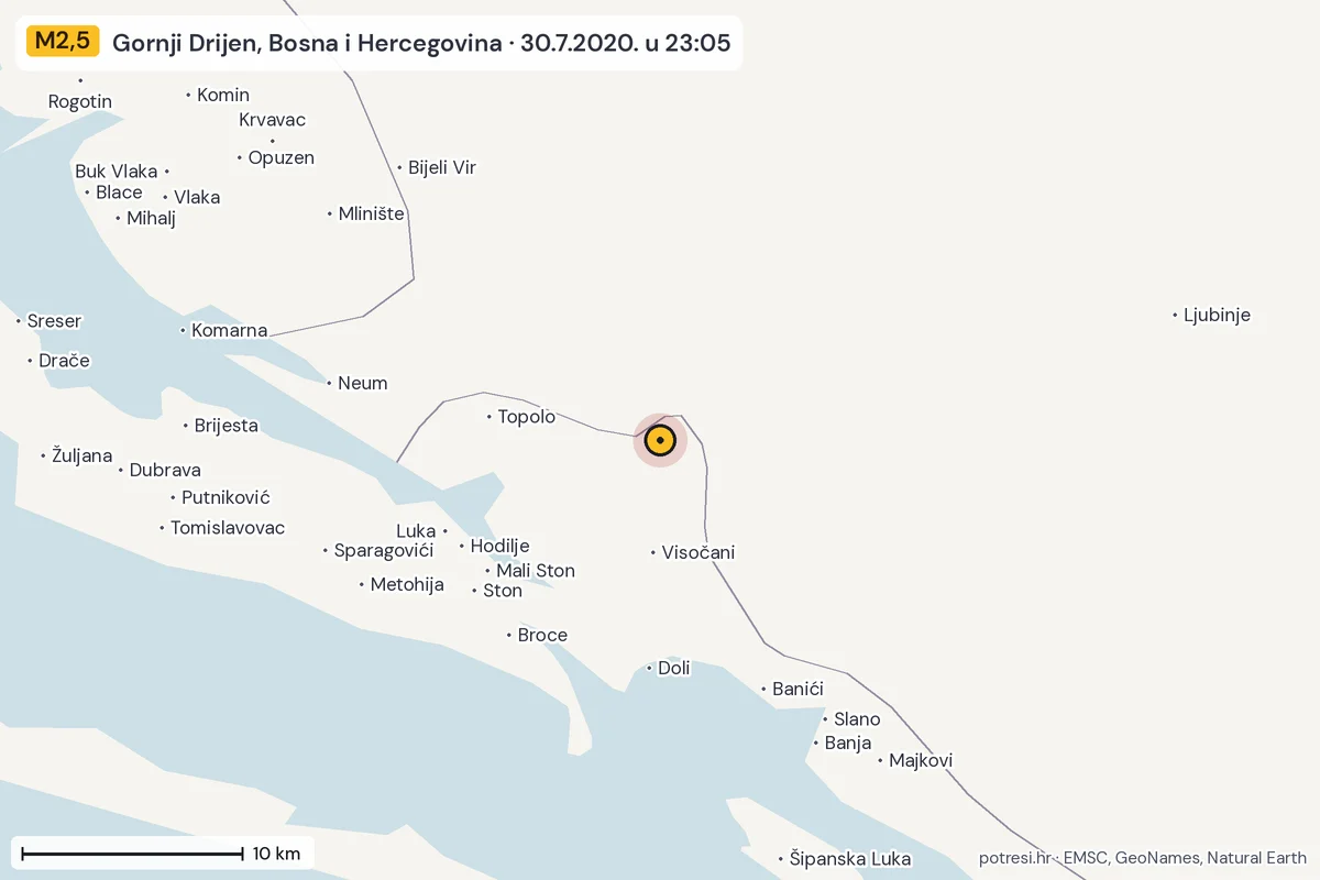 Karta: okolica epicentra, 60 km, potres M2,5, Gornji Drijen, Bosna i Hercegovina, 30.7.2020.