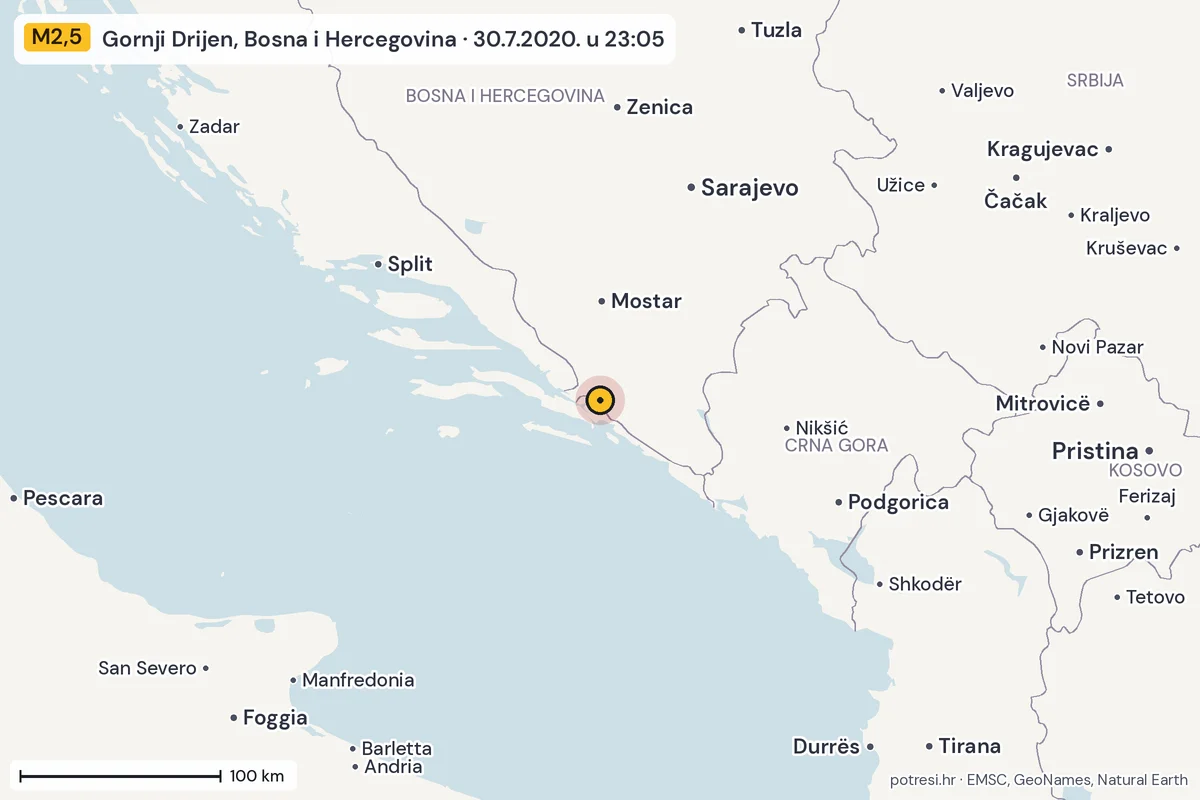 Karta: šire područje, 600 km, potres M2,5, Gornji Drijen, Bosna i Hercegovina, 30.7.2020.