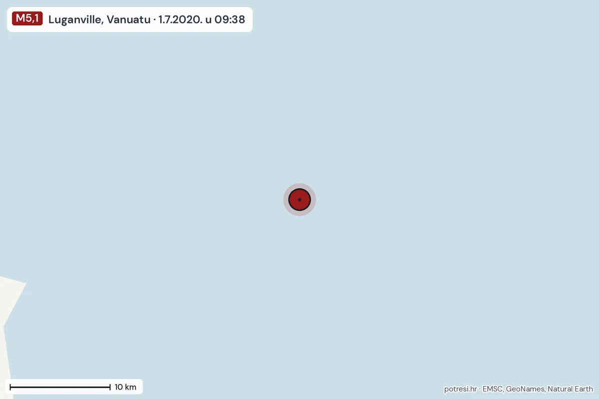Karta: okolica epicentra, 60 km, potres M5,1, Luganville, Vanuatu, 1.7.2020.