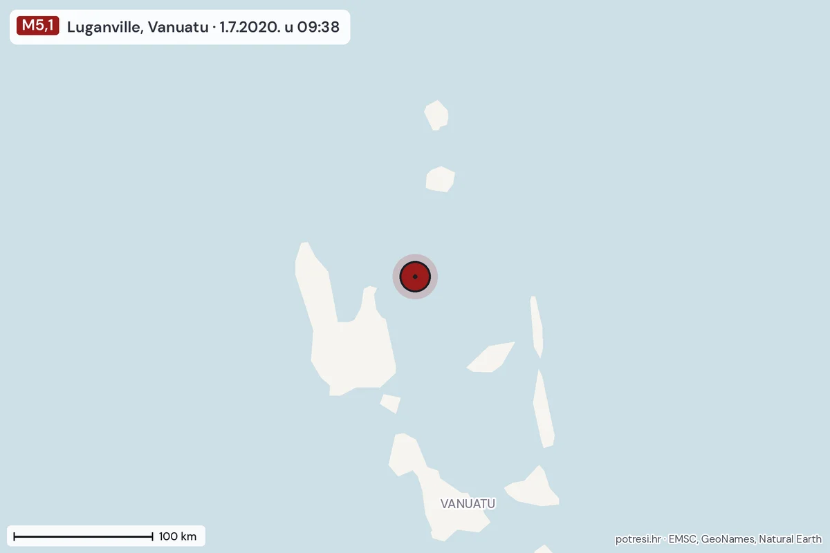 Karta: šire područje, 600 km, potres M5,1, Luganville, Vanuatu, 1.7.2020.