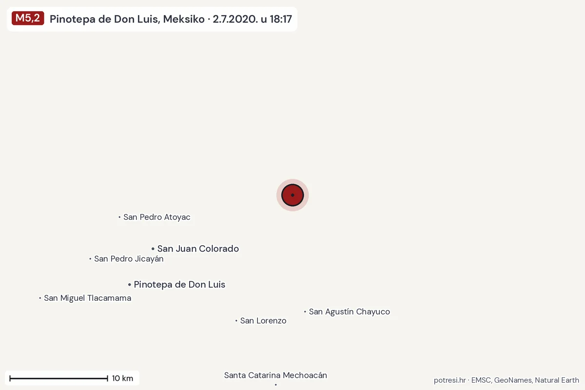 Karta: okolica epicentra, 60 km, potres M5,2, Pinotepa de Don Luis, Meksiko, 2.7.2020.
