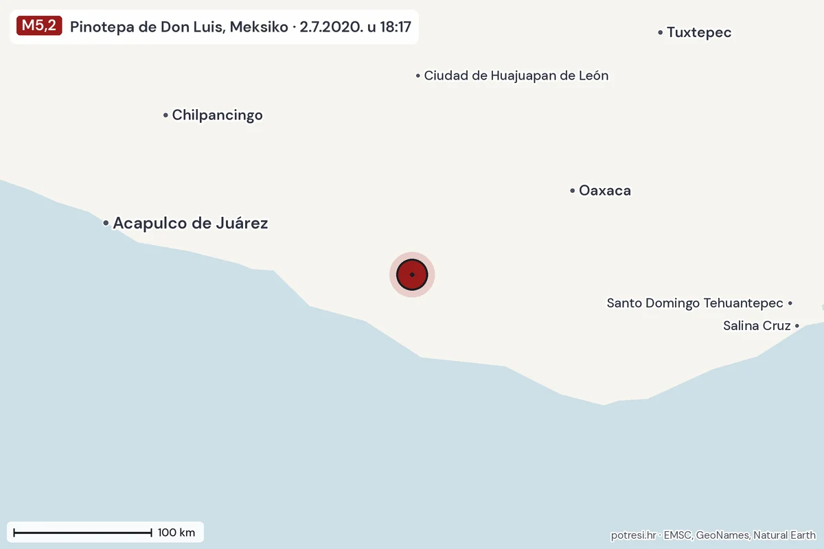 Karta: šire područje, 600 km, potres M5,2, Pinotepa de Don Luis, Meksiko, 2.7.2020.