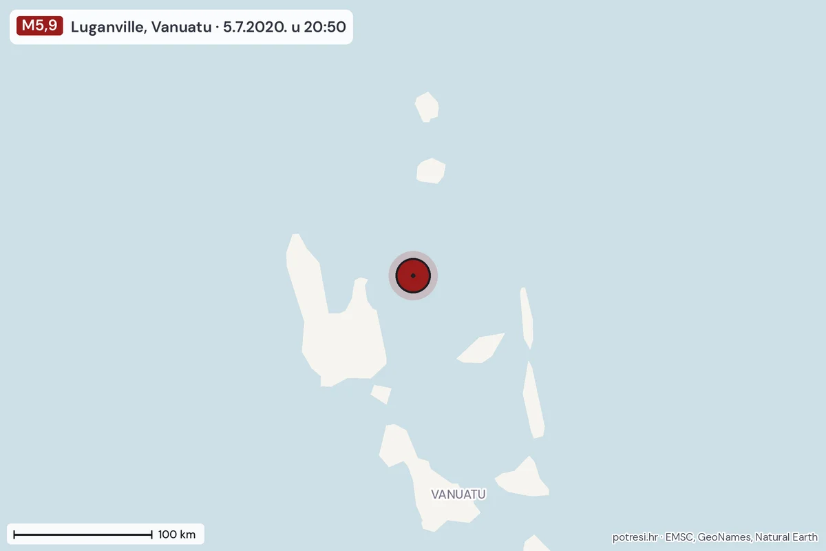 Karta: šire područje, 600 km, potres M5,9, Luganville, Vanuatu, 5.7.2020.