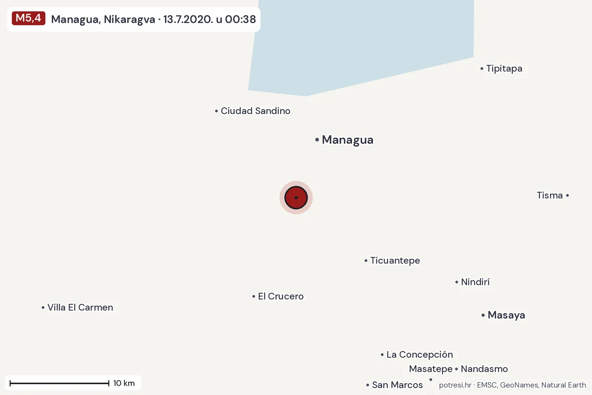 Karta: okolica epicentra, 60 km, potres M5,4, Managua, Nikaragva, 13.7.2020.