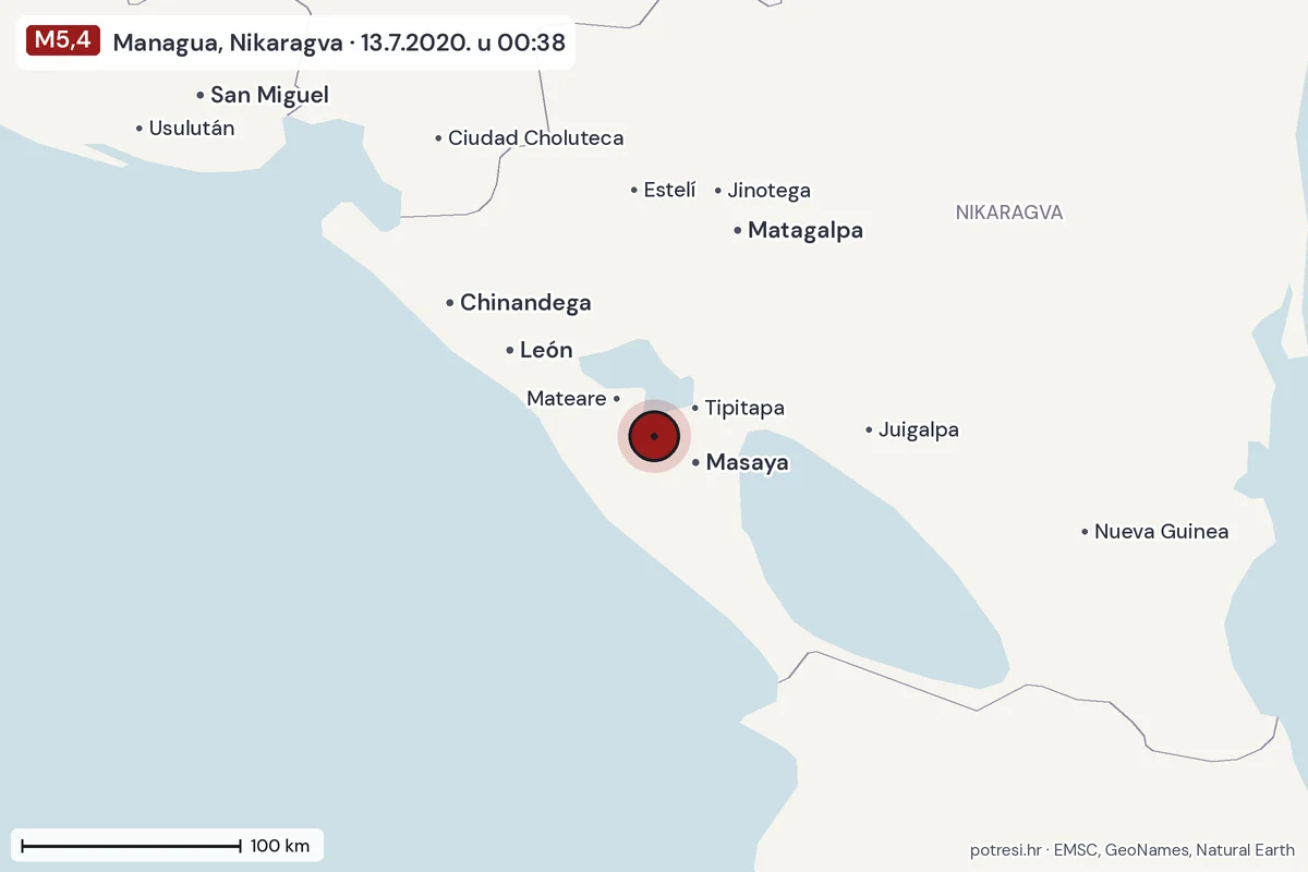 Karta: šire područje, 600 km, potres M5,4, Managua, Nikaragva, 13.7.2020.