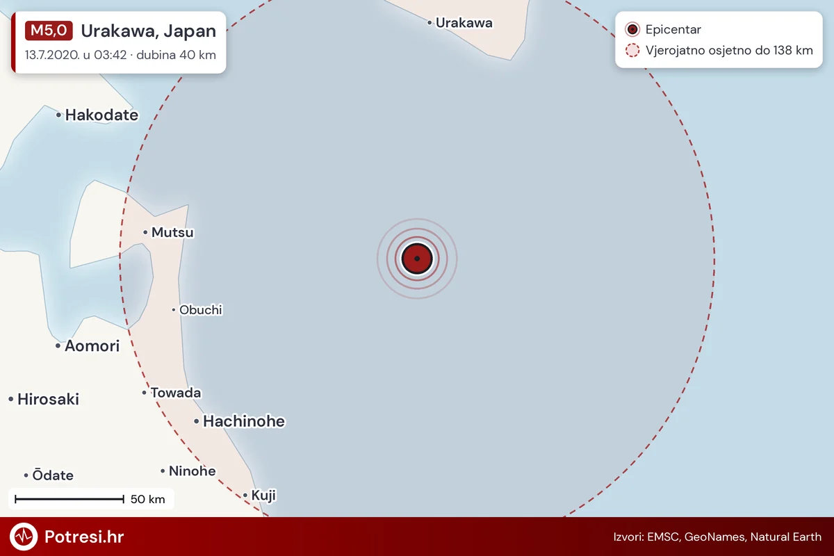 Karta: šire područje i vjerojatni doseg osjeta, potres M5,0, Urakawa, Japan, 13.7.2020.