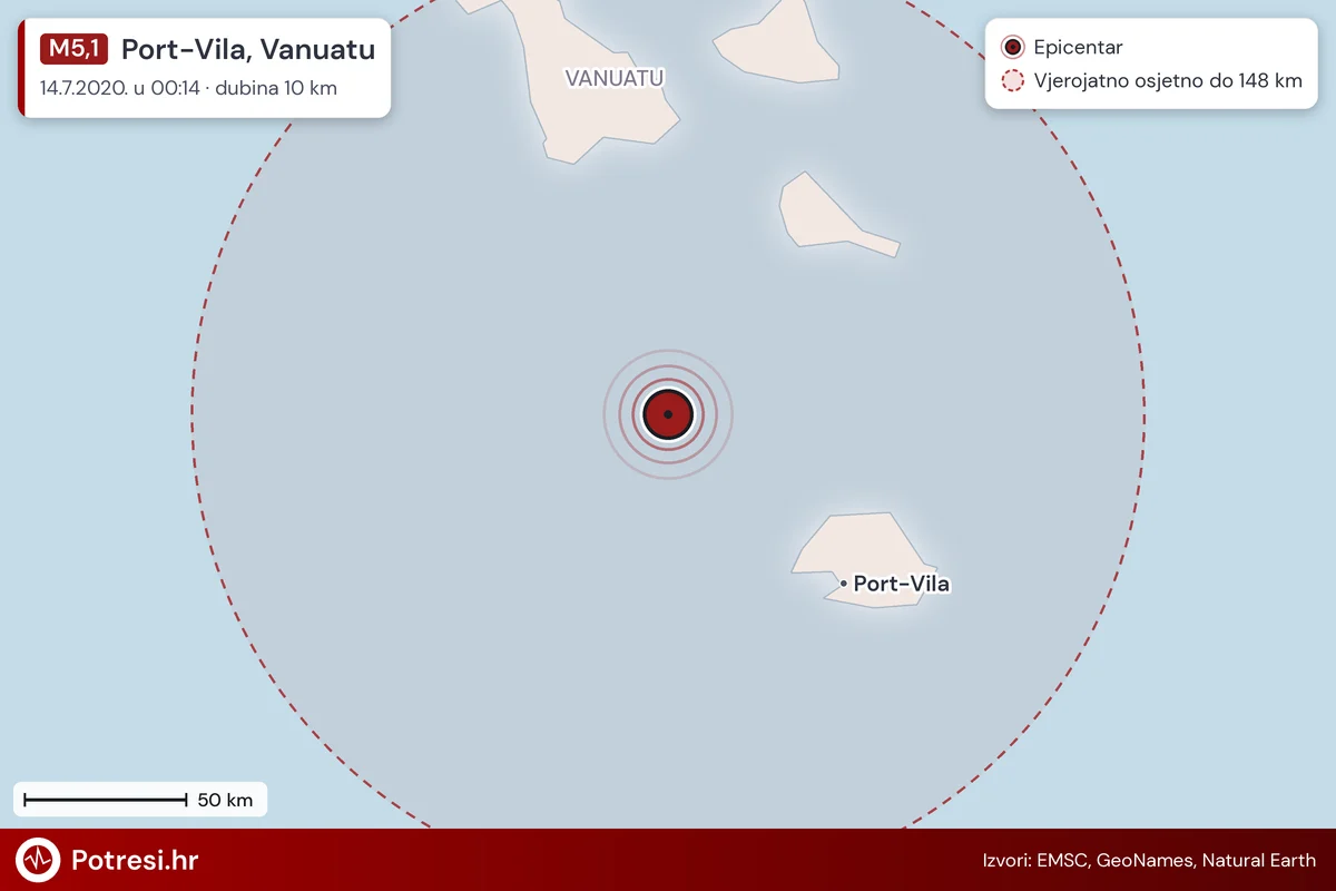 Karta: šire područje i vjerojatni doseg osjeta, potres M5,1, Port-Vila, Vanuatu, 14.7.2020.