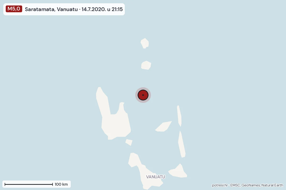 Karta: šire područje, 600 km, potres M5,0, Saratamata, Vanuatu, 14.7.2020.