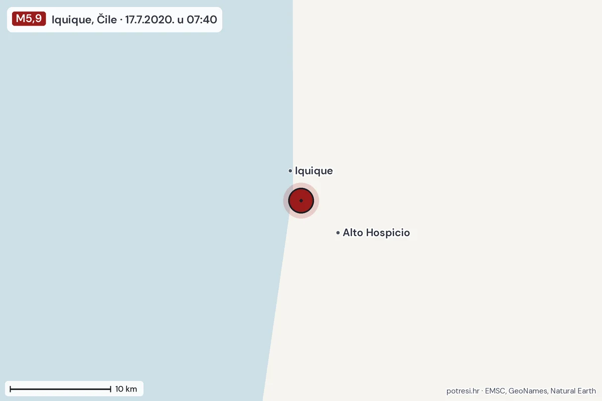 Karta: okolica epicentra, 60 km, potres M5,9, Iquique, Čile, 17.7.2020.