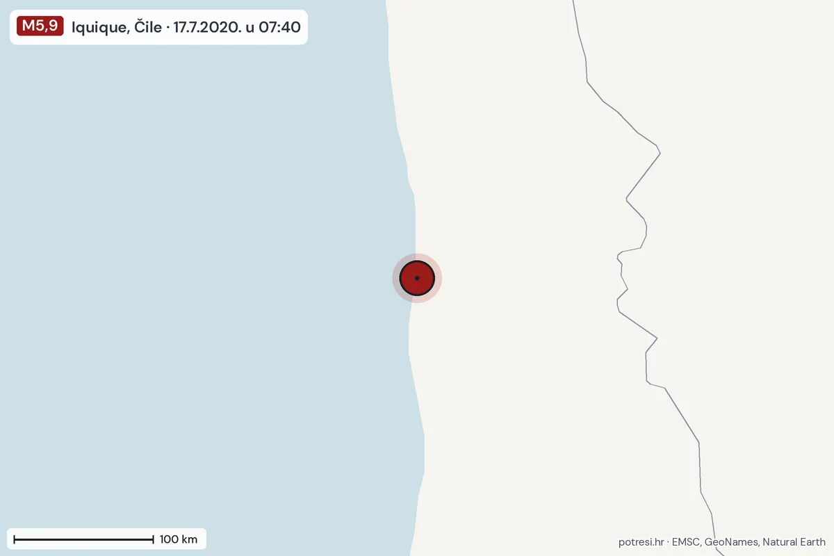 Karta: šire područje, 600 km, potres M5,9, Iquique, Čile, 17.7.2020.