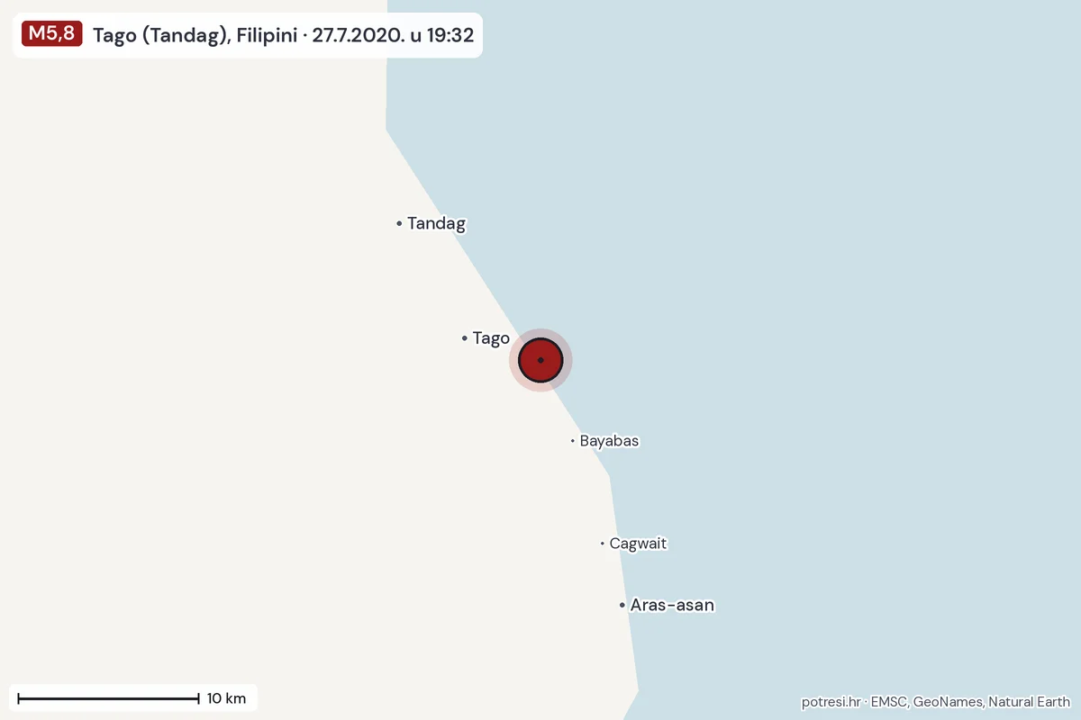 Karta: okolica epicentra, 60 km, potres M5,8, Tago (Tandag), Filipini, 27.7.2020.