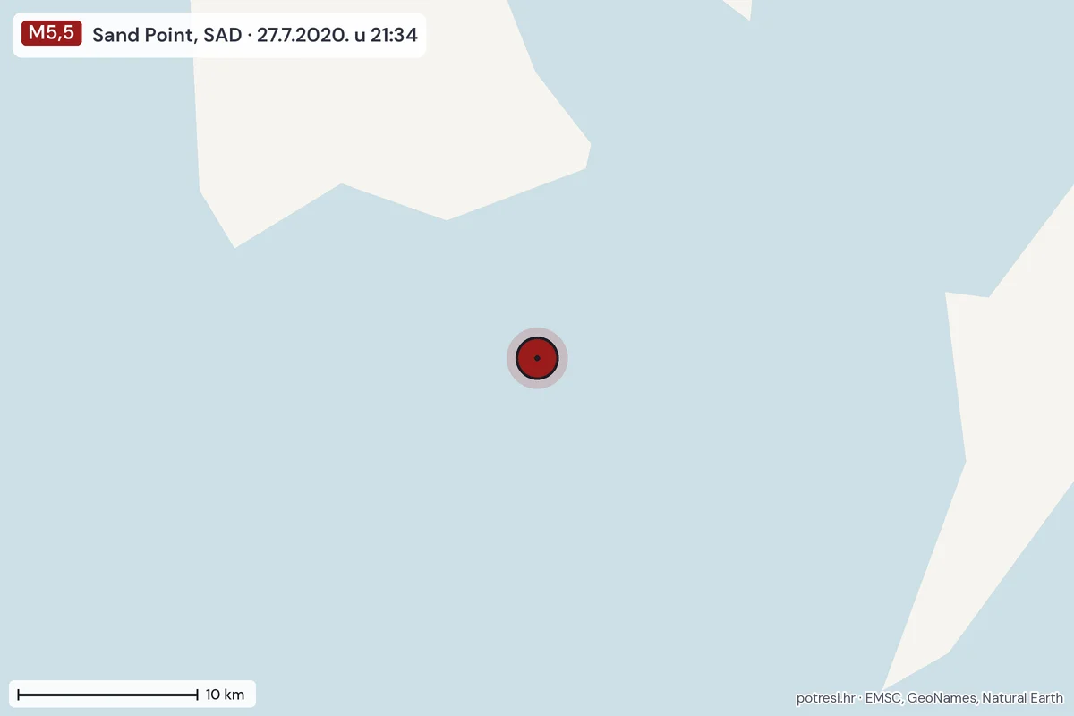 Karta: okolica epicentra, 60 km, potres M5,5, Sand Point, SAD, 27.7.2020.