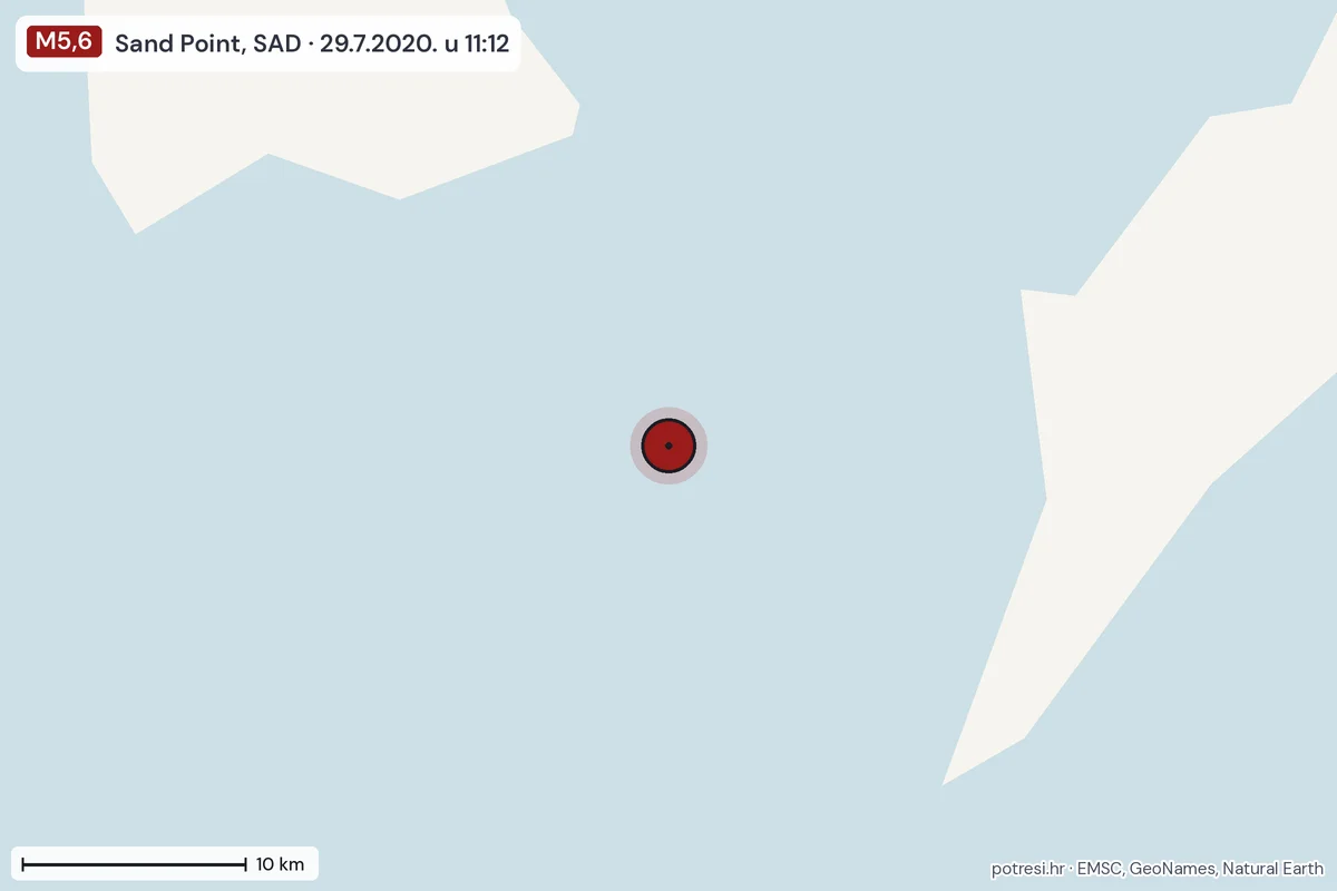 Karta: okolica epicentra, 60 km, potres M5,6, Sand Point, SAD, 29.7.2020.