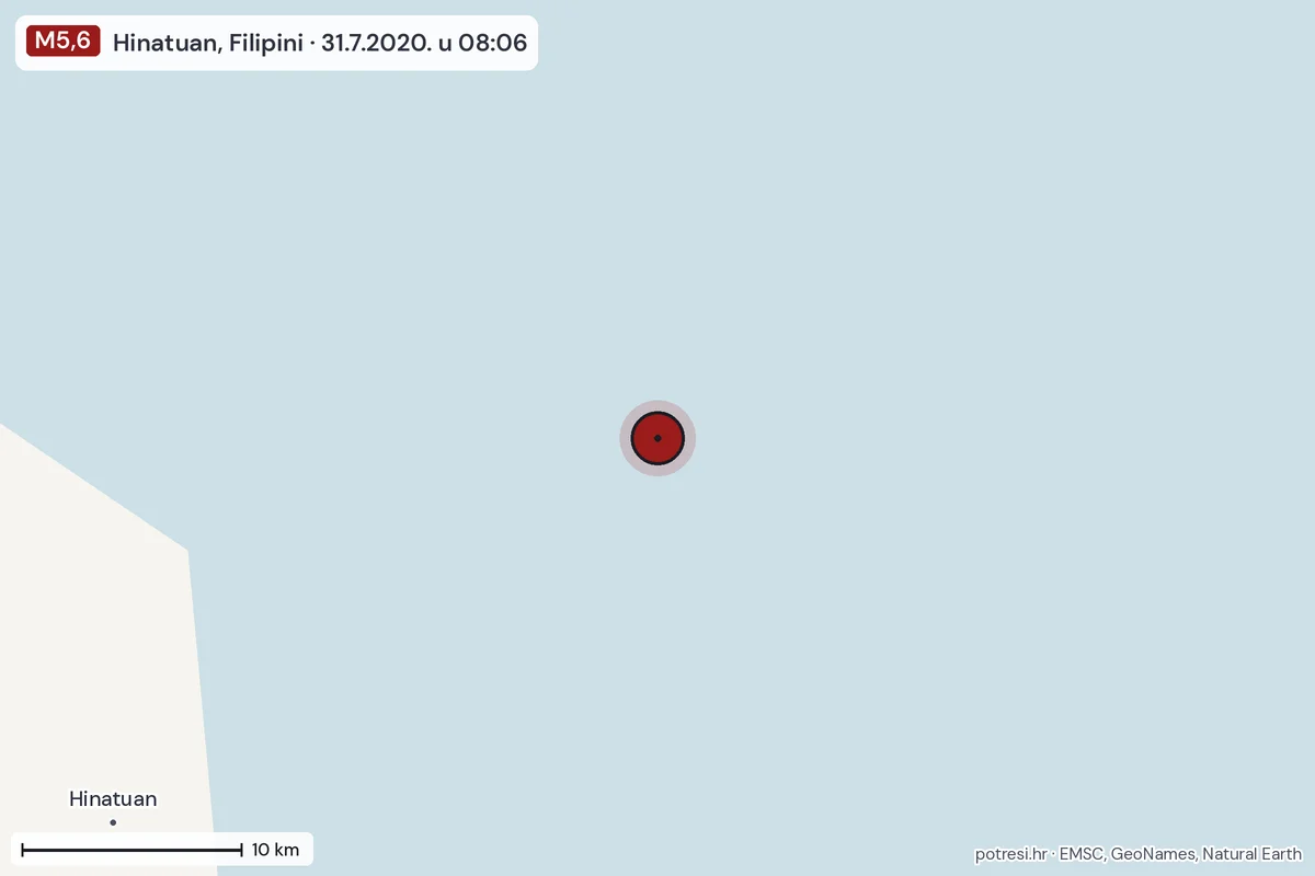 Karta: okolica epicentra, 60 km, potres M5,6, Hinatuan, Filipini, 31.7.2020.