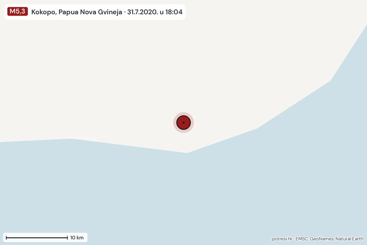 Karta: okolica epicentra, 60 km, potres M5,3, Kokopo, Papua Nova Gvineja, 31.7.2020.