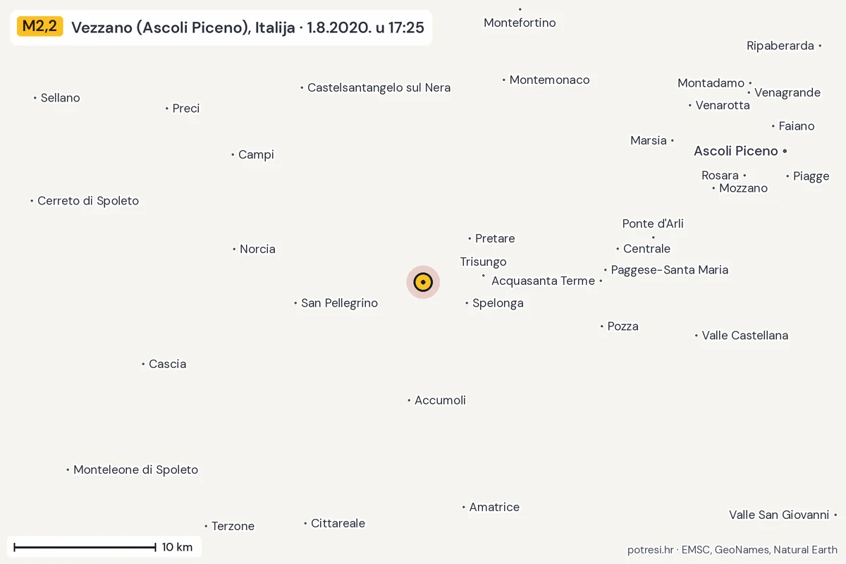 Karta: okolica epicentra, 60 km, potres M2,2, Vezzano (Ascoli Piceno), Italija, 1.8.2020.