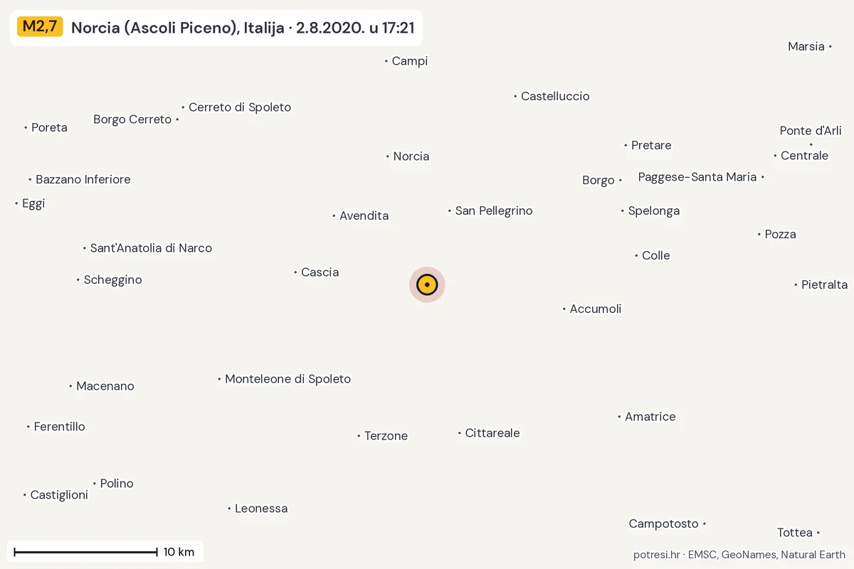 Karta: okolica epicentra, 60 km, potres M2,7, Norcia (Ascoli Piceno), Italija, 2.8.2020.
