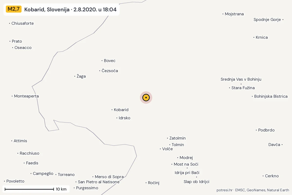 Karta: okolica epicentra, 60 km, potres M2,7, Kobarid, Slovenija, 2.8.2020.