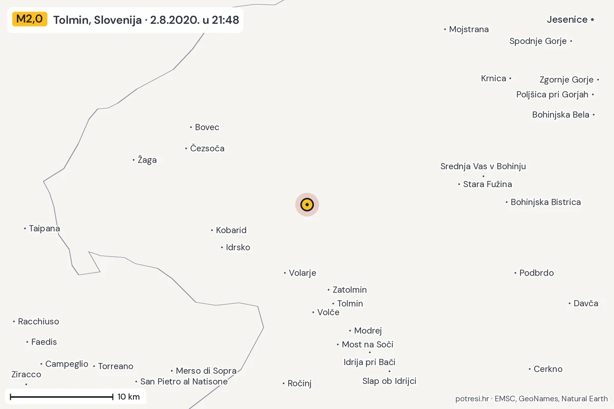 Karta: okolica epicentra, 60 km, potres M2,0, Tolmin, Slovenija, 2.8.2020.