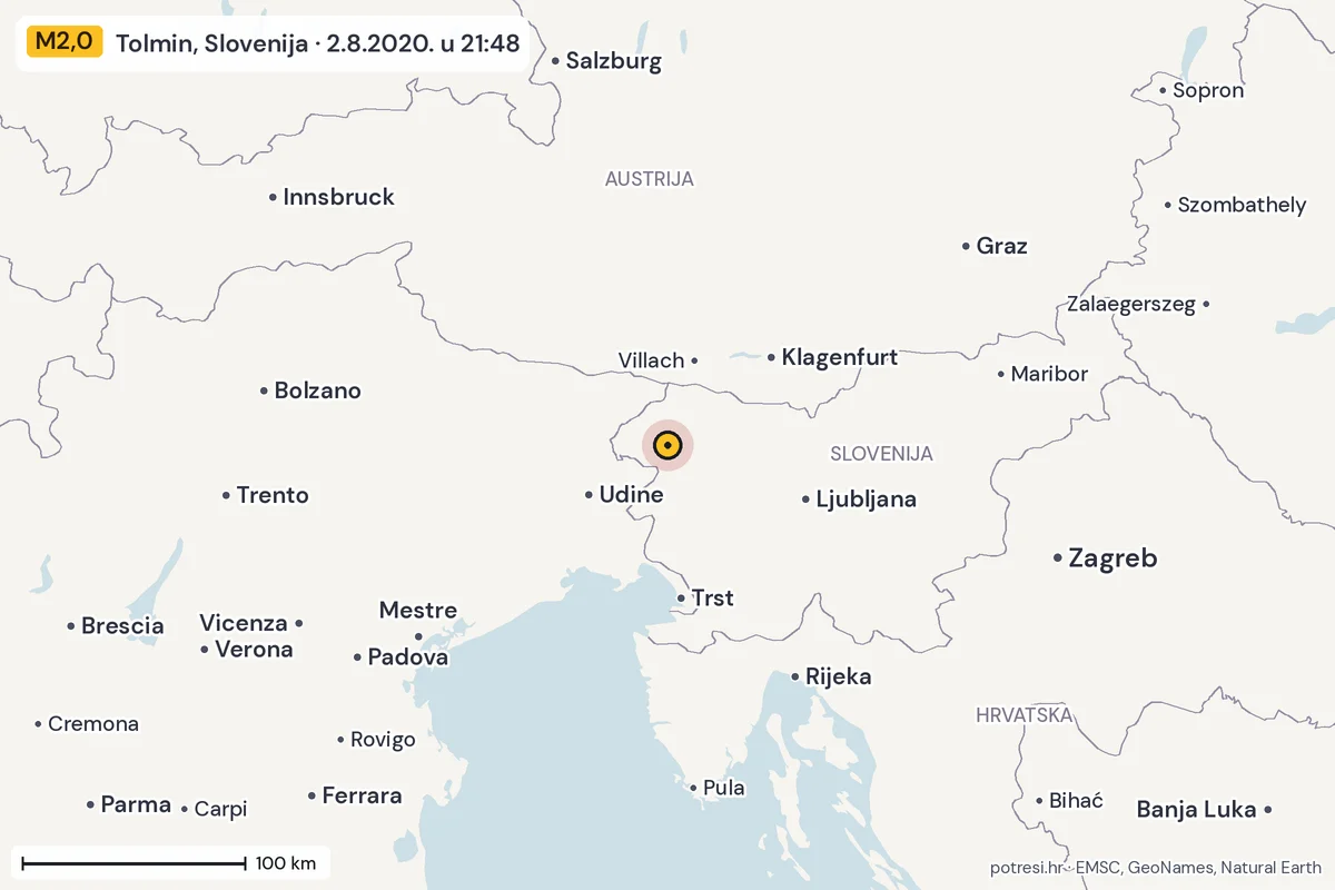 Karta: šire područje, 600 km, potres M2,0, Tolmin, Slovenija, 2.8.2020.