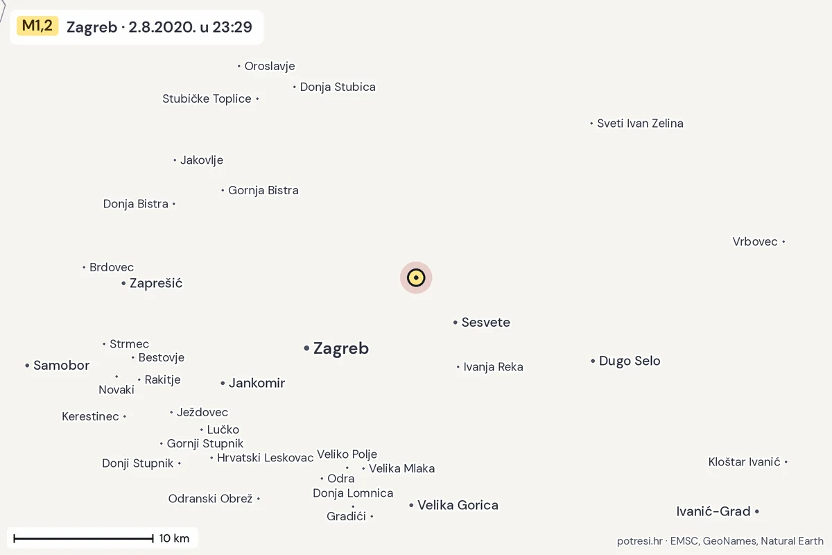 Karta: okolica epicentra, 60 km, potres M1,2, Zagreb, 2.8.2020.