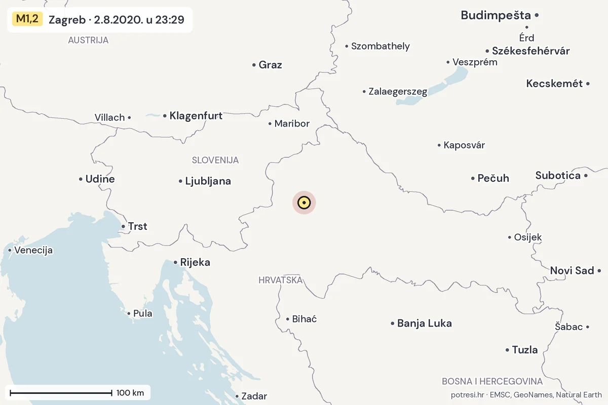 Karta: šire područje, 600 km, potres M1,2, Zagreb, 2.8.2020.