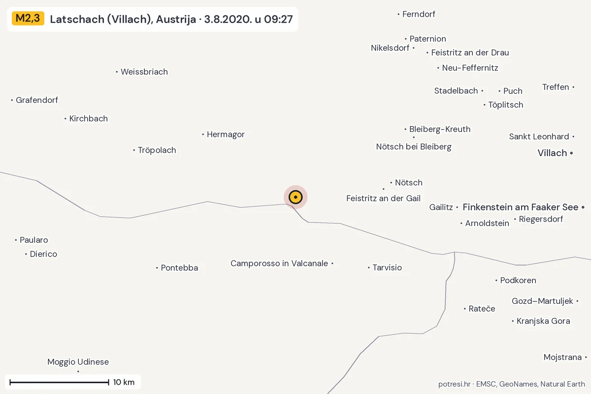 Karta: okolica epicentra, 60 km, potres M2,3, Latschach (Villach), Austrija, 3.8.2020.