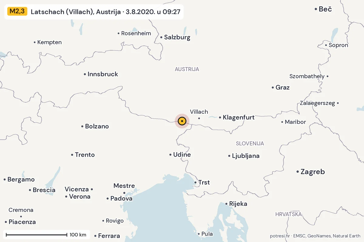 Karta: šire područje, 600 km, potres M2,3, Latschach (Villach), Austrija, 3.8.2020.