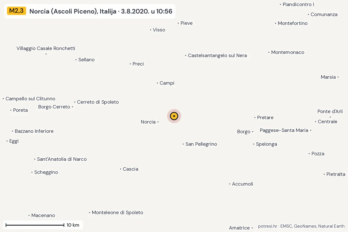 Karta: okolica epicentra, 60 km, potres M2,3, Norcia (Ascoli Piceno), Italija, 3.8.2020.