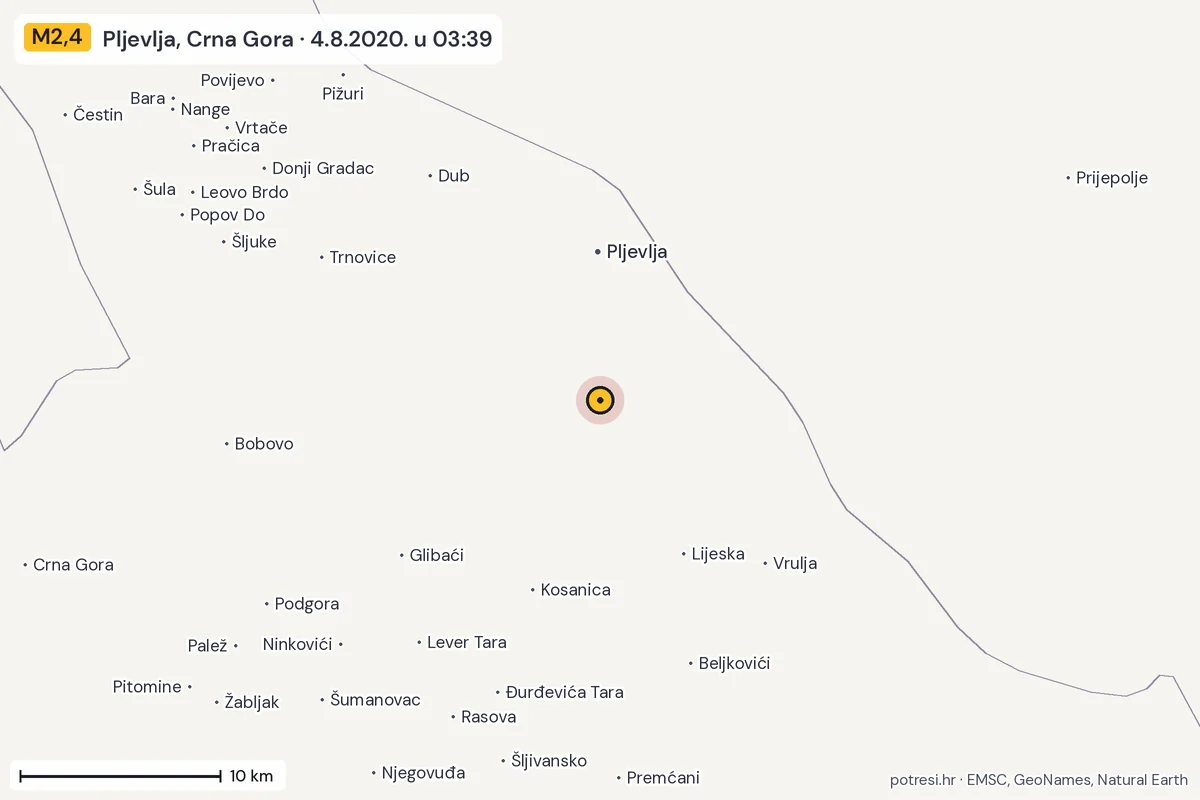 Karta: okolica epicentra, 60 km, potres M2,4, Pljevlja, Crna Gora, 4.8.2020.