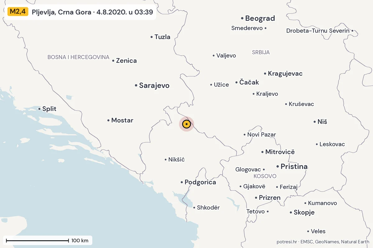 Karta: šire područje, 600 km, potres M2,4, Pljevlja, Crna Gora, 4.8.2020.