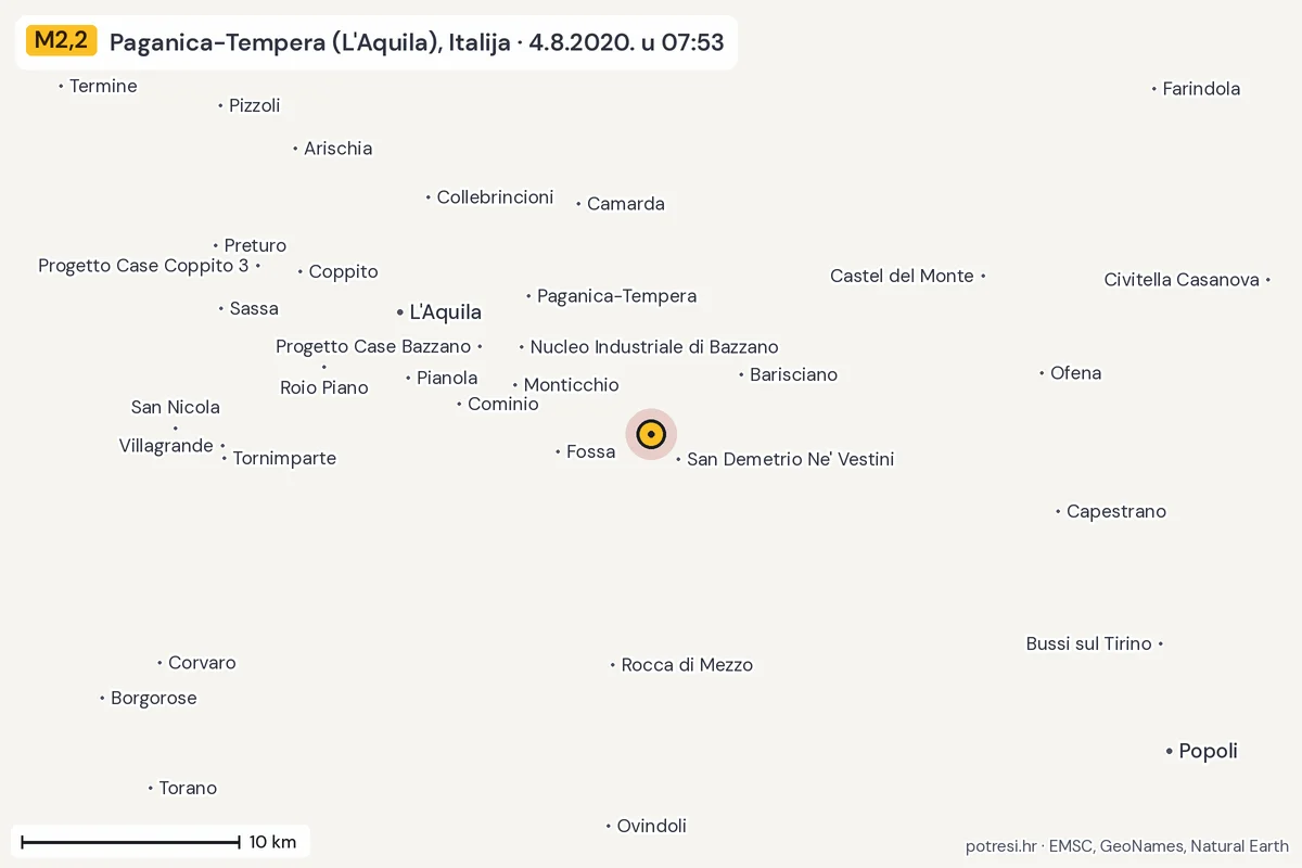 Karta: okolica epicentra, 60 km, potres M2,2, Paganica-Tempera (L'Aquila), Italija, 4.8.2020.