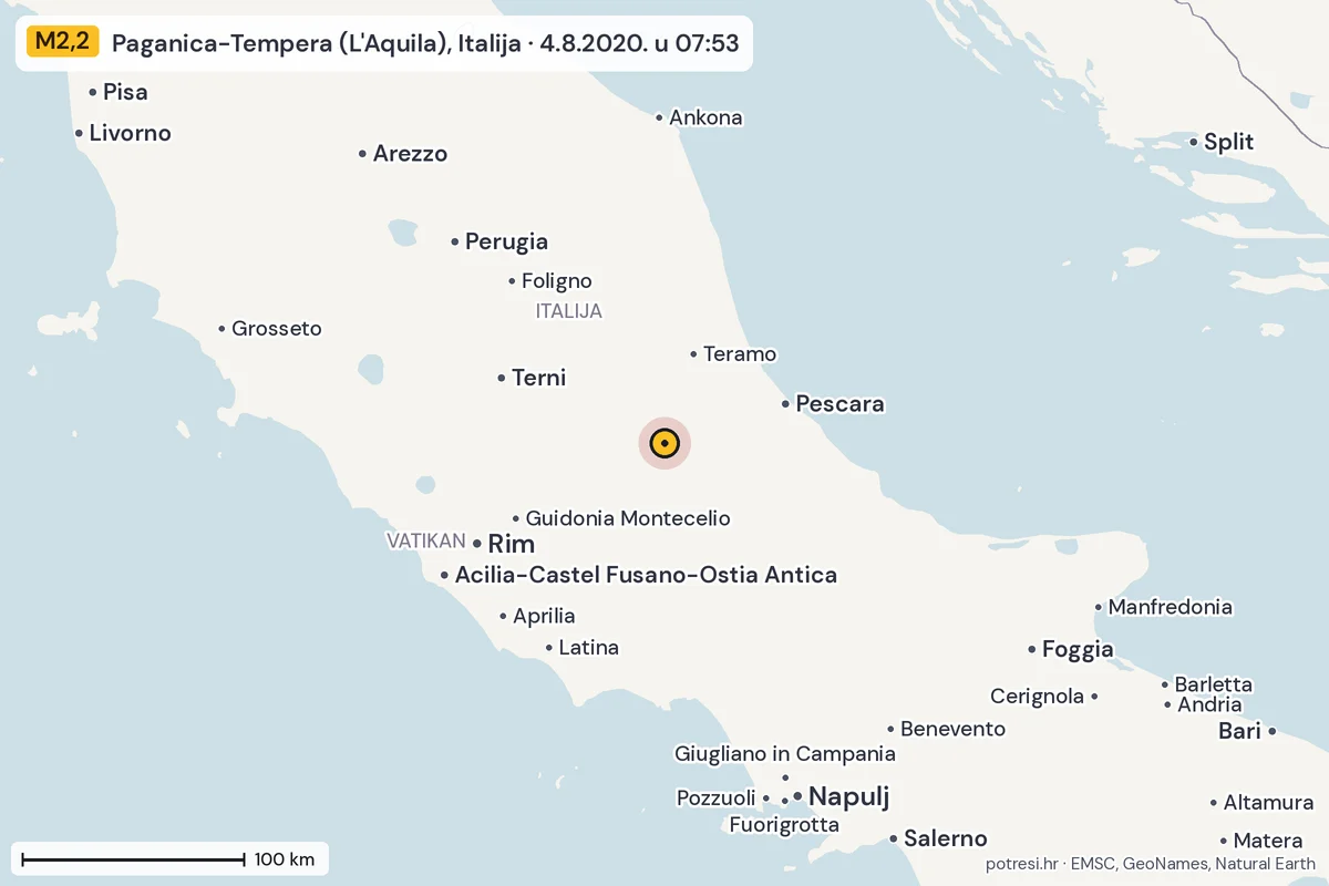 Karta: šire područje, 600 km, potres M2,2, Paganica-Tempera (L'Aquila), Italija, 4.8.2020.