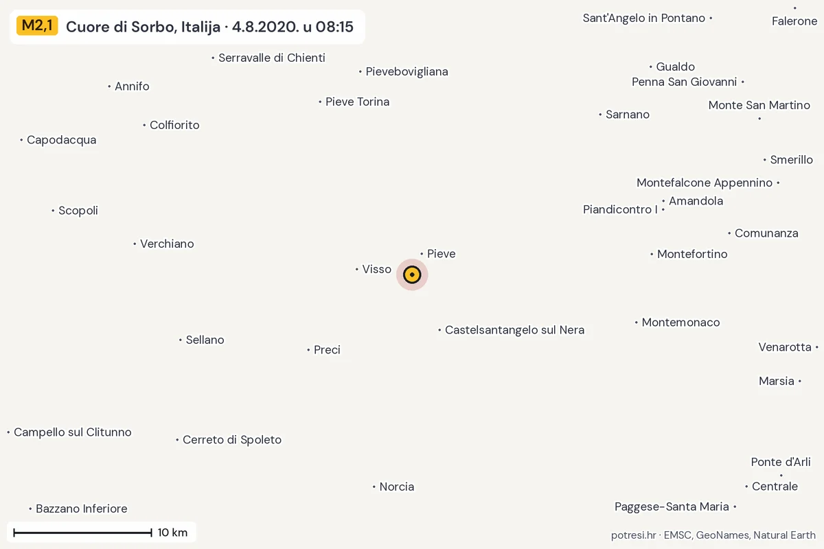 Karta: okolica epicentra, 60 km, potres M2,1, Cuore di Sorbo, Italija, 4.8.2020.